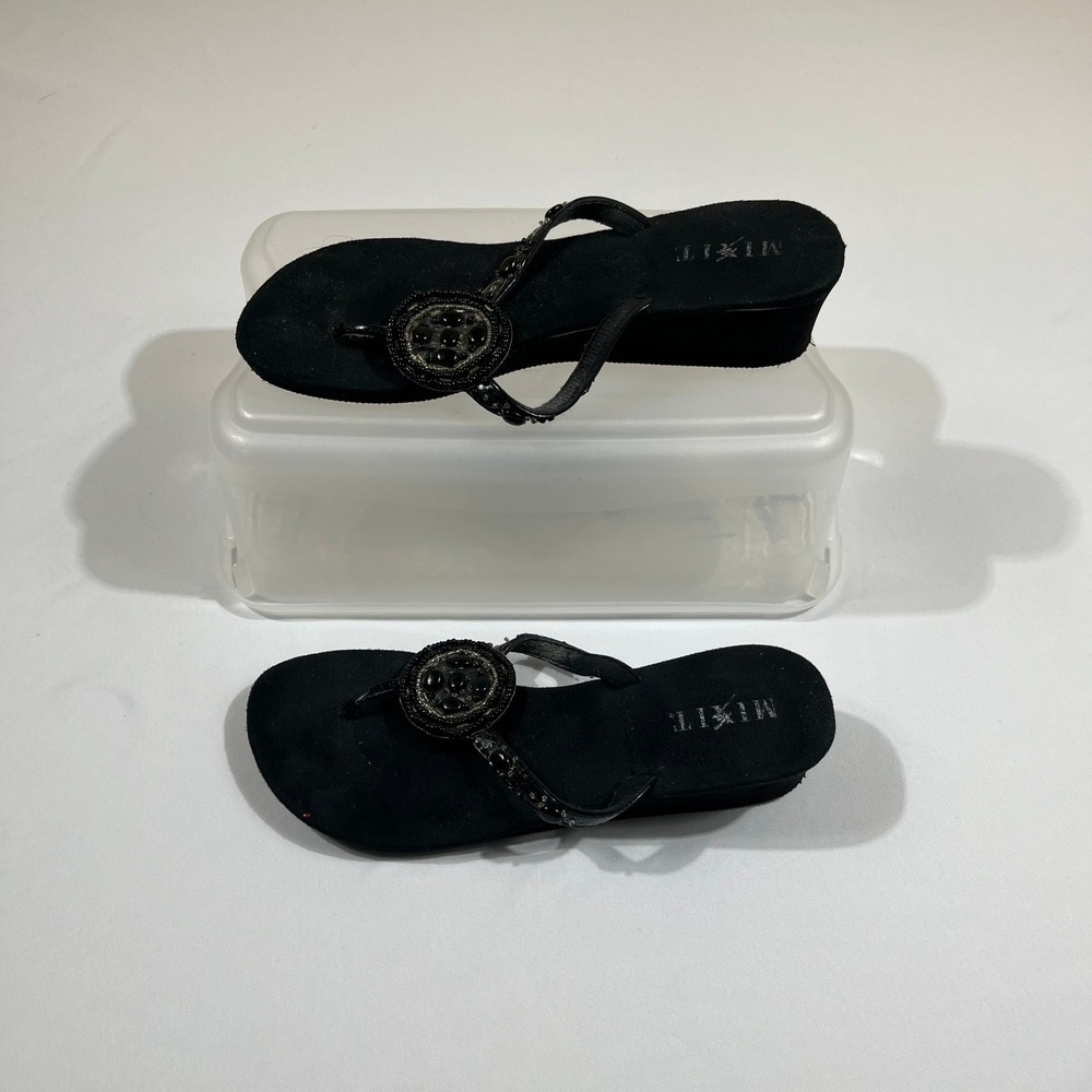 Mixit Wedge Sandals Women 9 Black Beaded Embellished Flip Flop Thong Boho